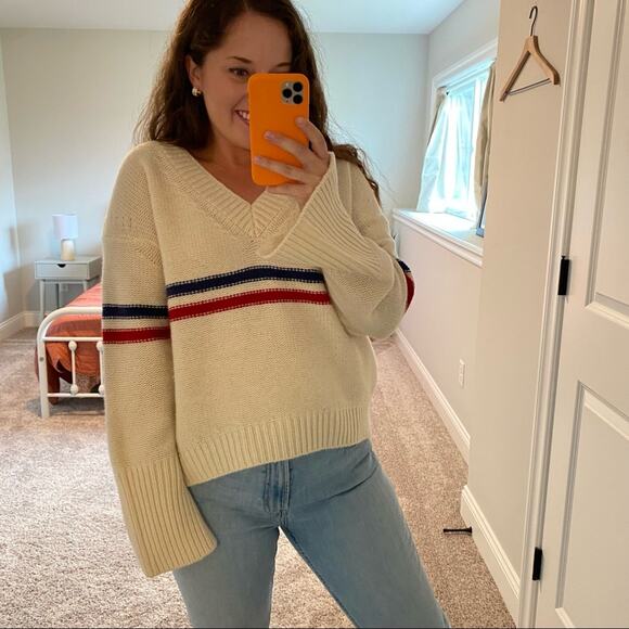 TOMORROWLAND Cream Blue Red Striped Wool V Neck Sweater Small - Picture 2 of 16